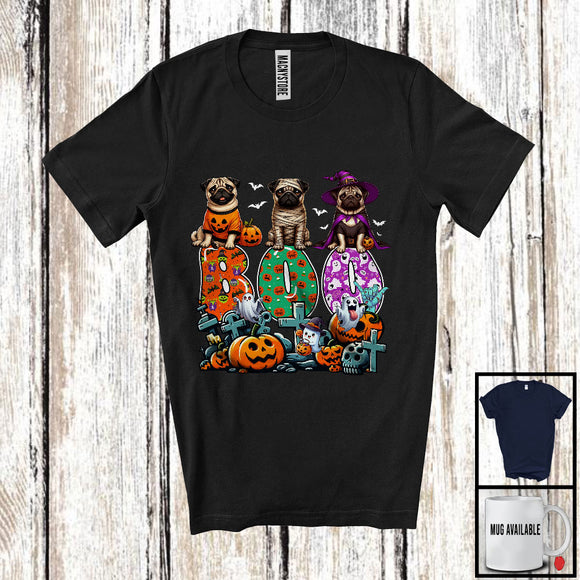 MacnyStore - Boo; Spooky Halloween Three Pumpkin Mummy Witch Pugs Owner; Family Group T-Shirt
