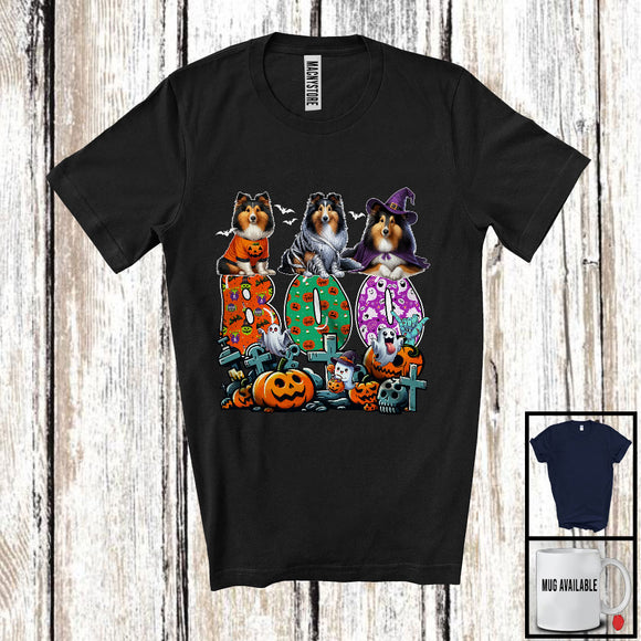 MacnyStore - Boo; Spooky Halloween Three Pumpkin Mummy Witch Shelties Owner; Family Group T-Shirt