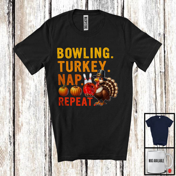 MacnyStore - Bowling Turkey Nap Repeat, Humorous Thanksgiving Turkey Bowling Player, Sport Team T-Shirt