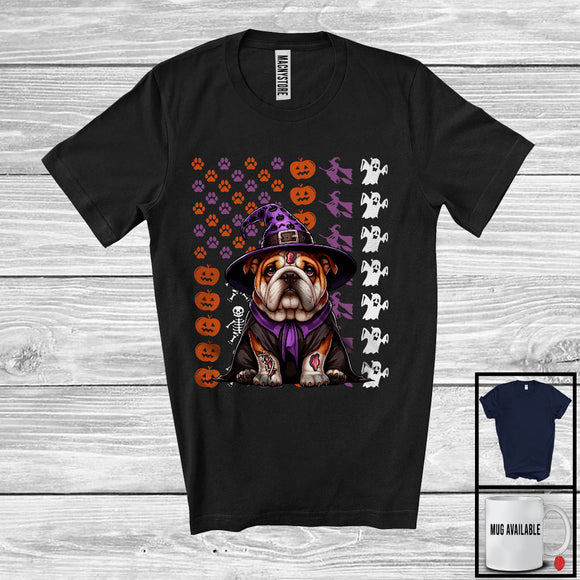 MacnyStore - Bulldog Witch On American Flag, Adorable Halloween Pumpkin Paws, Patriotic Group T-Shirt
