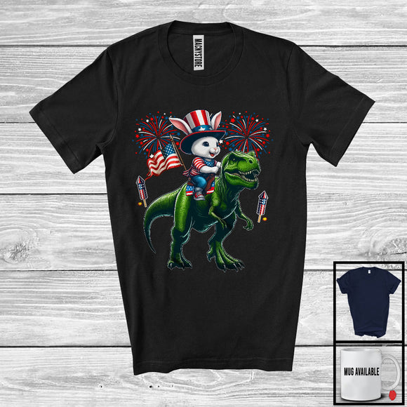 MacnyStore - Bunny Riding T-Rex, Humorous 4th Of July American Flag Pride Bunny T-Rex, Patriotic Group T-Shirt