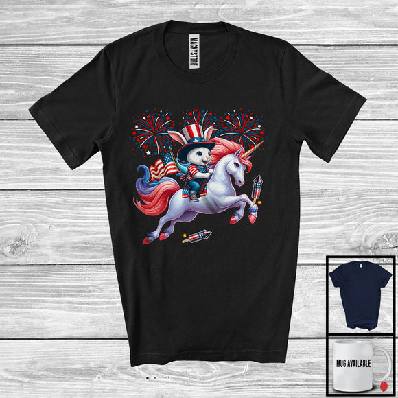 MacnyStore - Bunny Riding Unicorn, Humorous 4th Of July American Flag Pride Bunny Unicorn, Patriotic Group T-Shirt