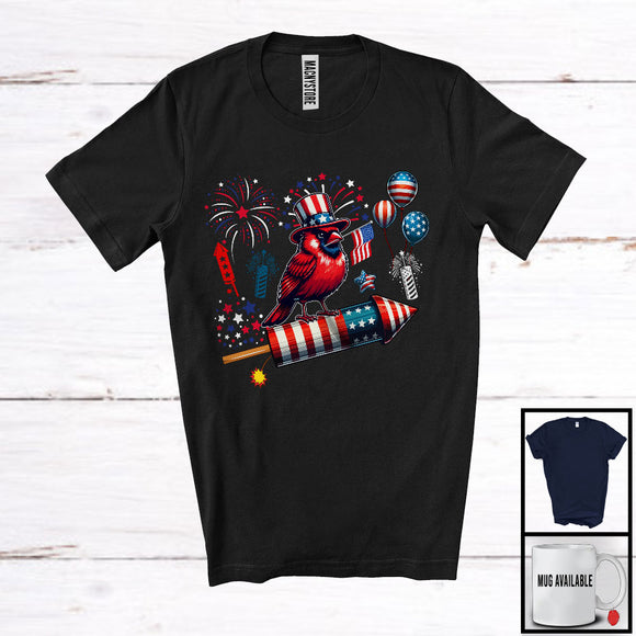MacnyStore - Cardinal Bird Riding Firecracker, Wonderful 4th Of July USA Flag Animal Bird Fireworks, Patriotic T-Shirt