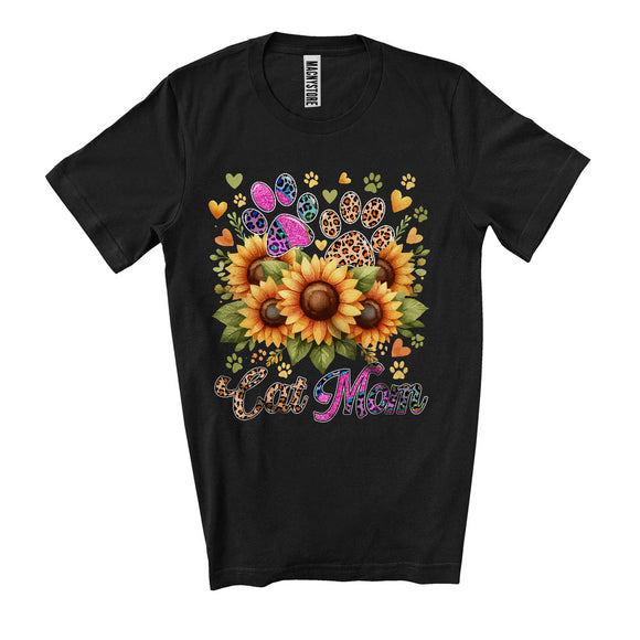 MacnyStore - Cat Mom, Adorable Mother's Day Leopard Cat Paws Sunflowers, Matching Family Group T-Shirt