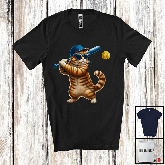 MacnyStore - Cat Playing Softball, Adorable Kitten Owner Sports Playing Player Lover, Matching Sport Team T-Shirt