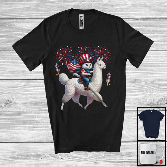 MacnyStore - Cat Riding Llama, Humorous 4th Of July American Flag Pride Cat Llama, Patriotic Group T-Shirt