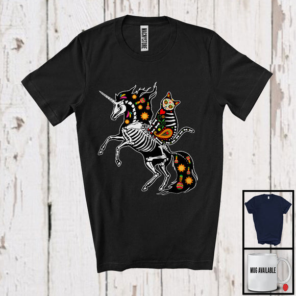 MacnyStore - Cat Riding Unicorn Skeleton, Joyful Cinco De Mayo Unicorn Animal, Proud Mexican T-Shirt