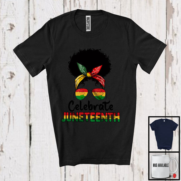 MacnyStore - Celebrate Juneteenth, Awesome Black History Messy Bun Black Girl Woman, Afro African Proud T-Shirt