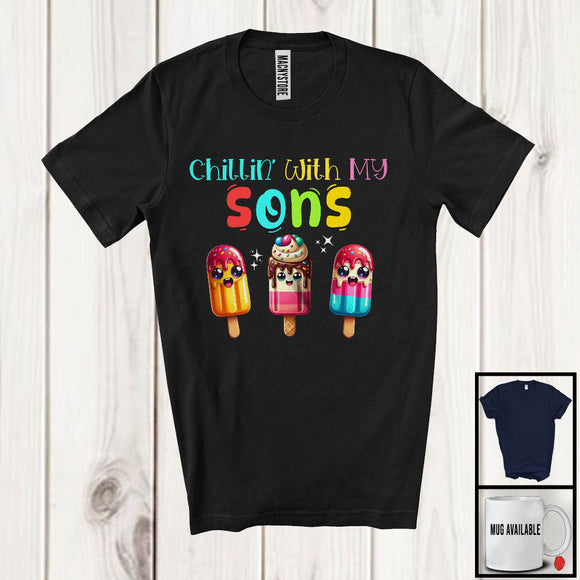 MacnyStore - Chillin' With My Sons; Colorful Summer Three Ice Cream Lover; Food Family Group T-Shirt