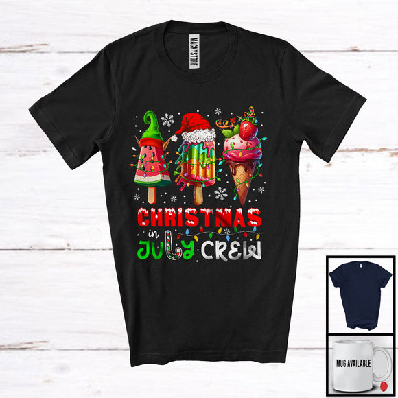 MacnyStore - Christmas In July Crew, Lovely Summer Vacation X-mas Lights Three Ice Cream Cones, Snow Around T-Shirt