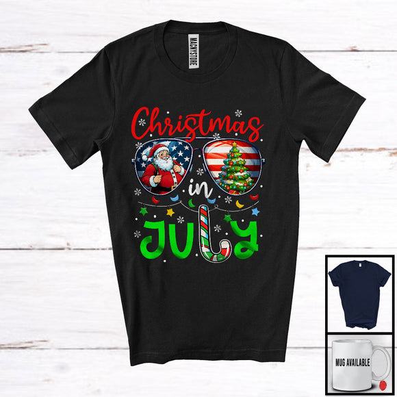 MacnyStore - Christmas In July, Awesome Christmas American Flag Glasses, Santa Summer Vacation T-Shirt