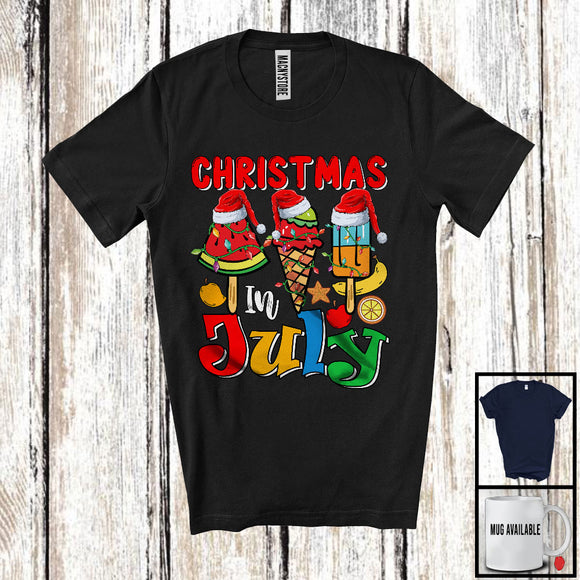 MacnyStore - Christmas In July, Colorful Summer Vacation X-mas Lights Watermelon Ice Cream, Santa Fruits T-Shirt