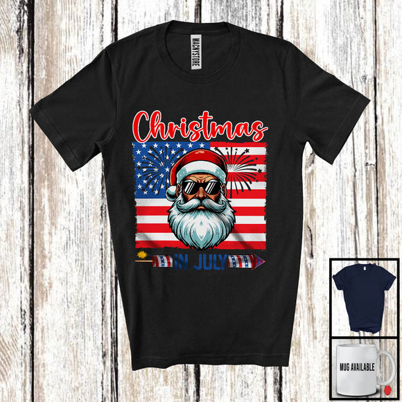 MacnyStore - Christmas In July, Humorous 4th Of July Santa American USA Flag, Summer Lover Patriotic T-Shirt