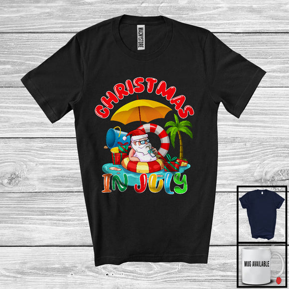 MacnyStore - Christmas In July, Lovely Summer Vacation Santa Drinking Sunbath Lover, Family Group T-Shirt