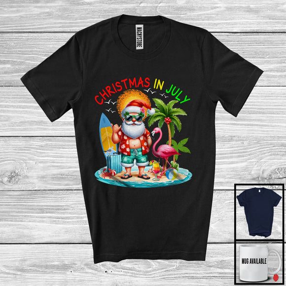 MacnyStore - Christmas In July, Lovely Summer Vacation Santa Flamingo Lover, Matching Family Group T-Shirt