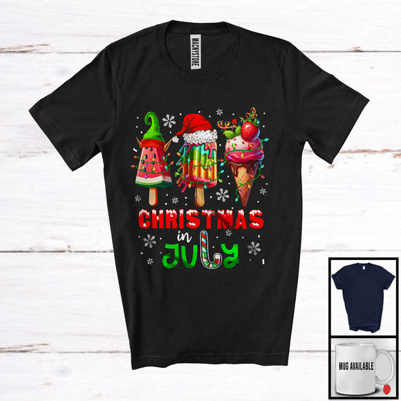 MacnyStore - Christmas In July, Lovely Summer Vacation X-mas Lights Three Ice Cream Cones, Snow Around T-Shirt