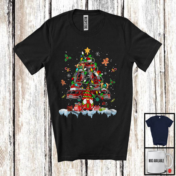 MacnyStore - Christmas Tree Lights Firefighter Truck With Gnome, Cheerful X-mas Snowing Gnomies, Family Group T-Shirt