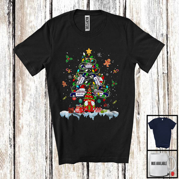 MacnyStore - Christmas Tree Lights Police Car With Gnome, Cheerful X-mas Snowing Gnomies, Family Group T-Shirt