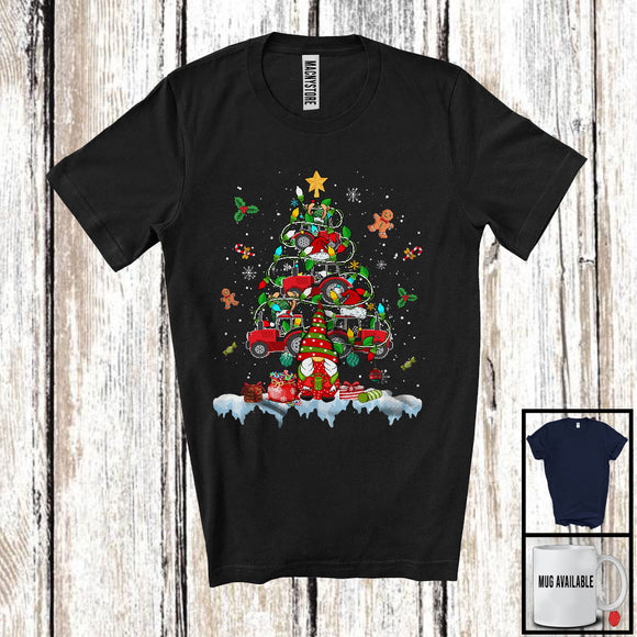 MacnyStore - Christmas Tree Lights Tractor With Gnome, Cheerful X-mas Snowing Gnomies, Family Group T-Shirt