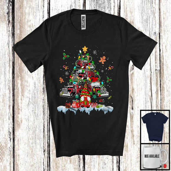 MacnyStore - Christmas Tree Lights Truck With Gnome, Cheerful X-mas Snowing Gnomies, Family Group T-Shirt