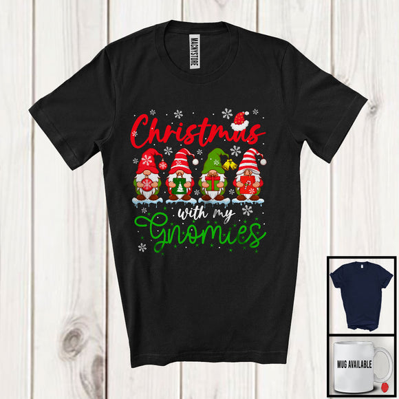 MacnyStore - Christmas With My Gnomies; Amusing Christmas Four Gnomes Snowing; Gnomies Family Group T-Shirt