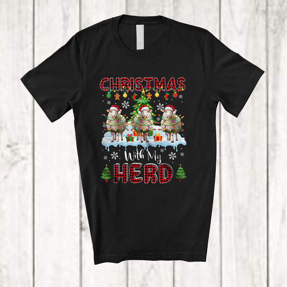 MacnyStore - Christmas With My Herd; Fantastic X-mas Tree Snowing Three Santa Sheep; Red Plaid Farmer T-Shirt
