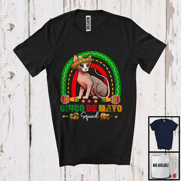 MacnyStore - Cinco De Mayo Squad, Adorable Sphynx Cat In Sombrero Rainbow, Proud Mexican Group T-Shirt