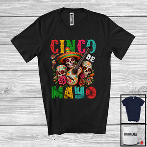 MacnyStore - Cinco De Mayo, Awesome Cinco De Mayo Three Sombrero Sugar Skull, Flowers Mexican Proud T-Shirt