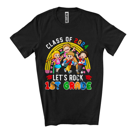 MacnyStore - Class Of 2024 Let's Rock 1st Grade, Colorful Back To School Rainbow Students Group, Teacher T-Shirt