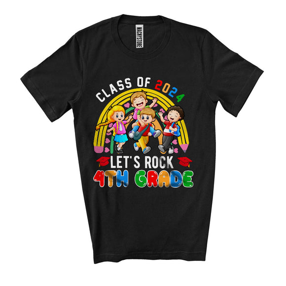 MacnyStore - Class Of 2024 Let's Rock 4th Grade, Colorful Back To School Rainbow Students Group, Teacher T-Shirt