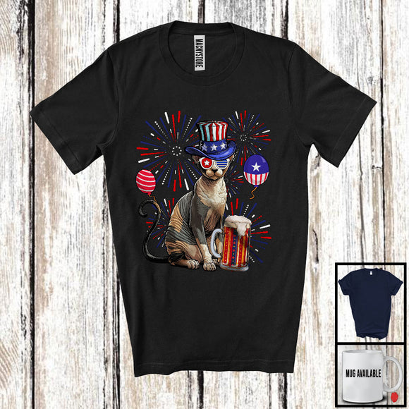 MacnyStore - Cornish Rex Drinking Beer, Awesome 4th Of July Fireworks Kitten, Drunker Patriotic Group T-Shirt