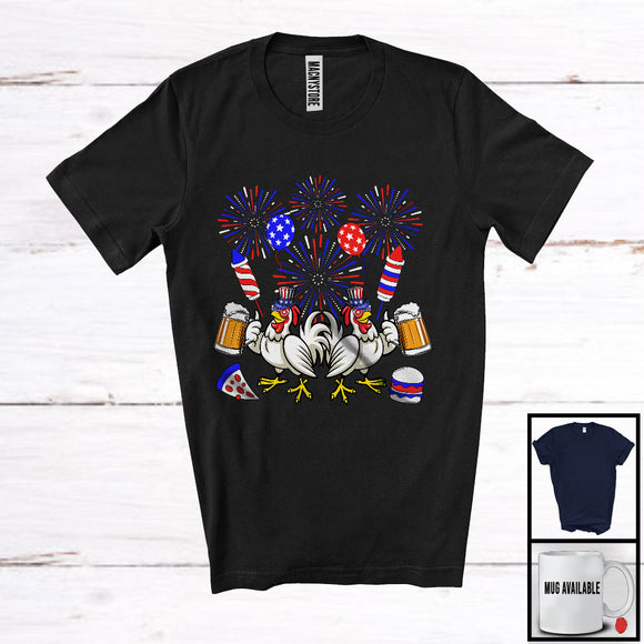 MacnyStore - Couple Two Chicken Drinking Beer, Humorous 4th Of July Fireworks Farm, Farmer Patriotic T-Shirt