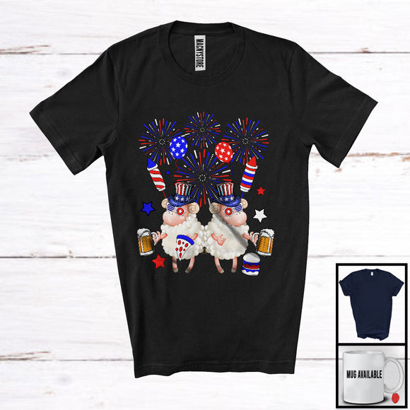 MacnyStore - Couple Two Sheep Drinking Beer, Humorous 4th Of July Fireworks Farm, Farmer Patriotic T-Shirt