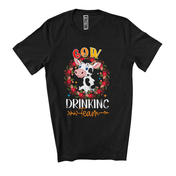 MacnyStore - Cow Drinking Team, Cheerful Mother's Day Flowers Circle Cow Lover, Matching Drunker Group T-Shirt
