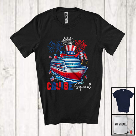 MacnyStore - Cruise Squad, Proud 4th Of July Independence Day American Flag Cruise Ship, Fireworks Patriotic T-Shirt