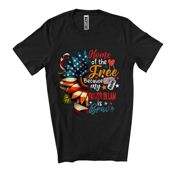 MacnyStore -  Custom Name Home Of The Free Father in law Is Brave, Proud 4th Of July US Flag Sunflower, Veteran T-Shirt