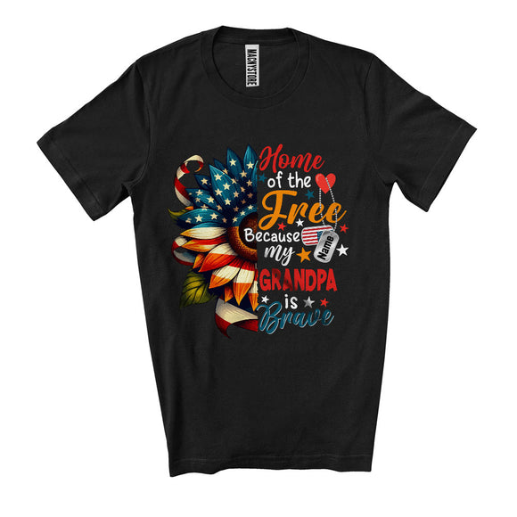 MacnyStore -  Custom Name Home Of The Free Grandpa Is Brave, Proud 4th Of July US Flag Sunflower, Veteran T-Shirt