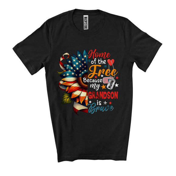MacnyStore -  Custom Name Home Of The Free Grandson Is Brave, Proud 4th Of July US Flag Sunflower, Veteran T-Shirt