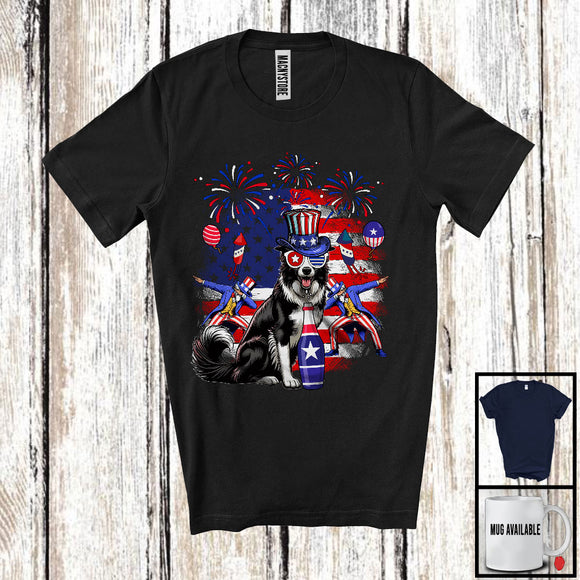 MacnyStore - Cute Border Collie Drinking Beer, Joyful 4th Of July American Flag, Matching Patriotic Family T-Shirt