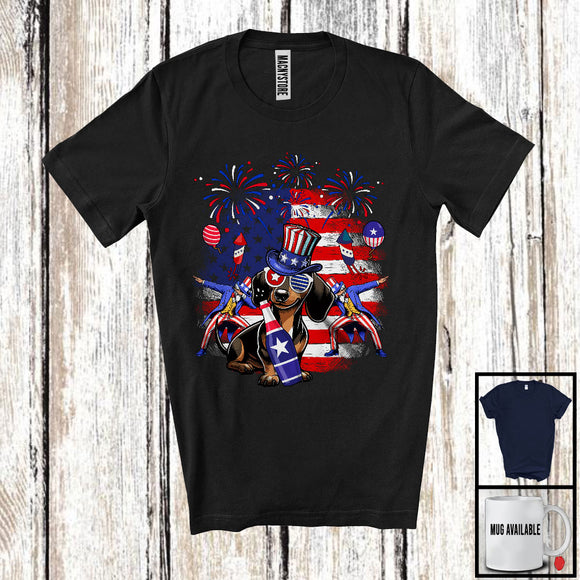 MacnyStore - Cute Dachshund Drinking Beer, Joyful 4th Of July American Flag, Matching Patriotic Family T-Shirt