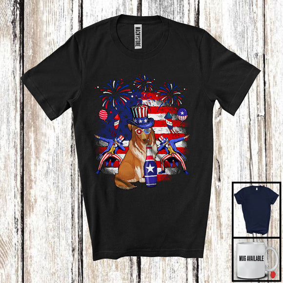 MacnyStore - Cute Sheltie Drinking Beer, Joyful 4th Of July American Flag, Matching Patriotic Family T-Shirt