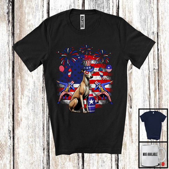 MacnyStore - Cute Whippet Drinking Beer, Joyful 4th Of July American Flag, Matching Patriotic Family T-Shirt