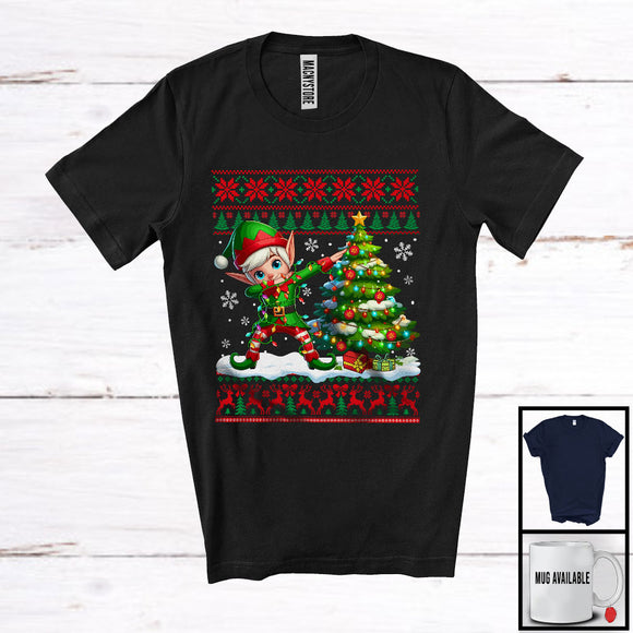 MacnyStore - Dabbing ELF, Adorable Christmas Sweater ELF Lover, X-mas Lights Tree Family Group T-Shirt