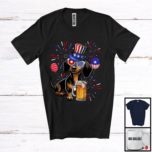 MacnyStore - Dachshund Drinking Beer, Cheerful 4th Of July Drunker Fireworks, American Flag Patriotic Group T-Shirt