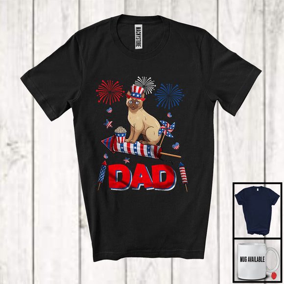 MacnyStore - Dad, Adorable Father's Day 4th Of July Burmese Cat Fireworks, American Flag Family Patriotic T-Shirt