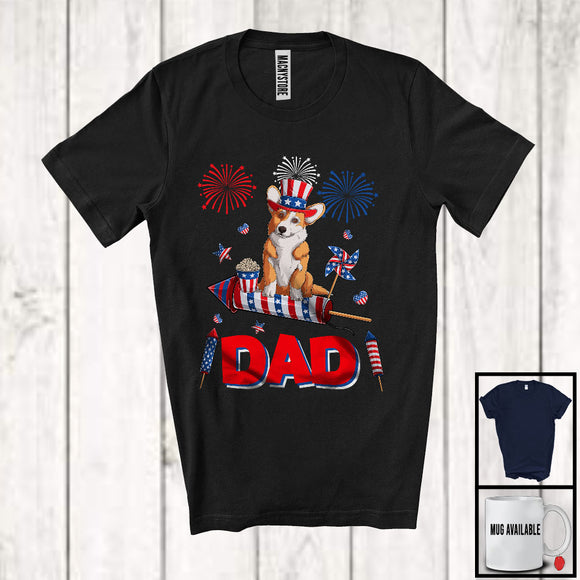 MacnyStore - Dad, Adorable Father's Day 4th Of July Corgi With Fireworks, American Flag Family Patriotic T-Shirt