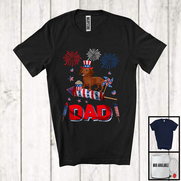 MacnyStore - Dad, Adorable Father's Day 4th Of July Dachshund With Fireworks, American Flag Family Patriotic T-Shirt