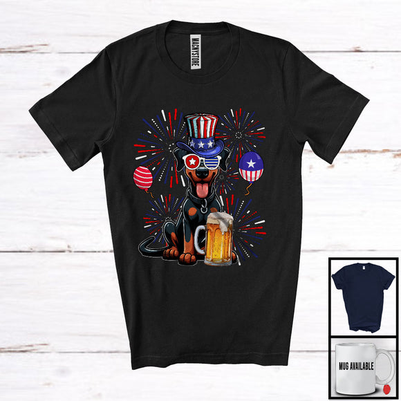 MacnyStore - Doberman Drinking Beer, Cheerful 4th Of July Drunker Fireworks, American Flag Patriotic Group T-Shirt