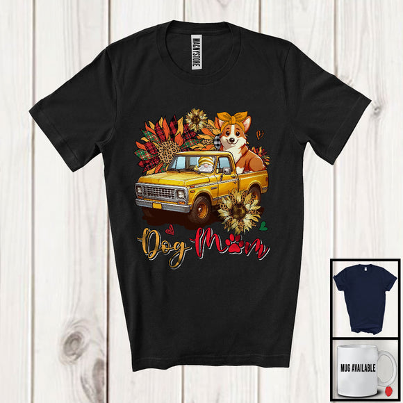MacnyStore - Dog Mom, Happy Mother's Day Gnome Corgi On Pickup Truck, Leopard Plaid Sunflowers T-Shirt