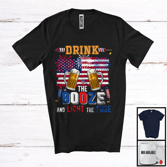 MacnyStore - Drink The Booze And Light The Fuse, Amazing 4th Of July American Flag Drinking Beer, Patriotic T-Shirt